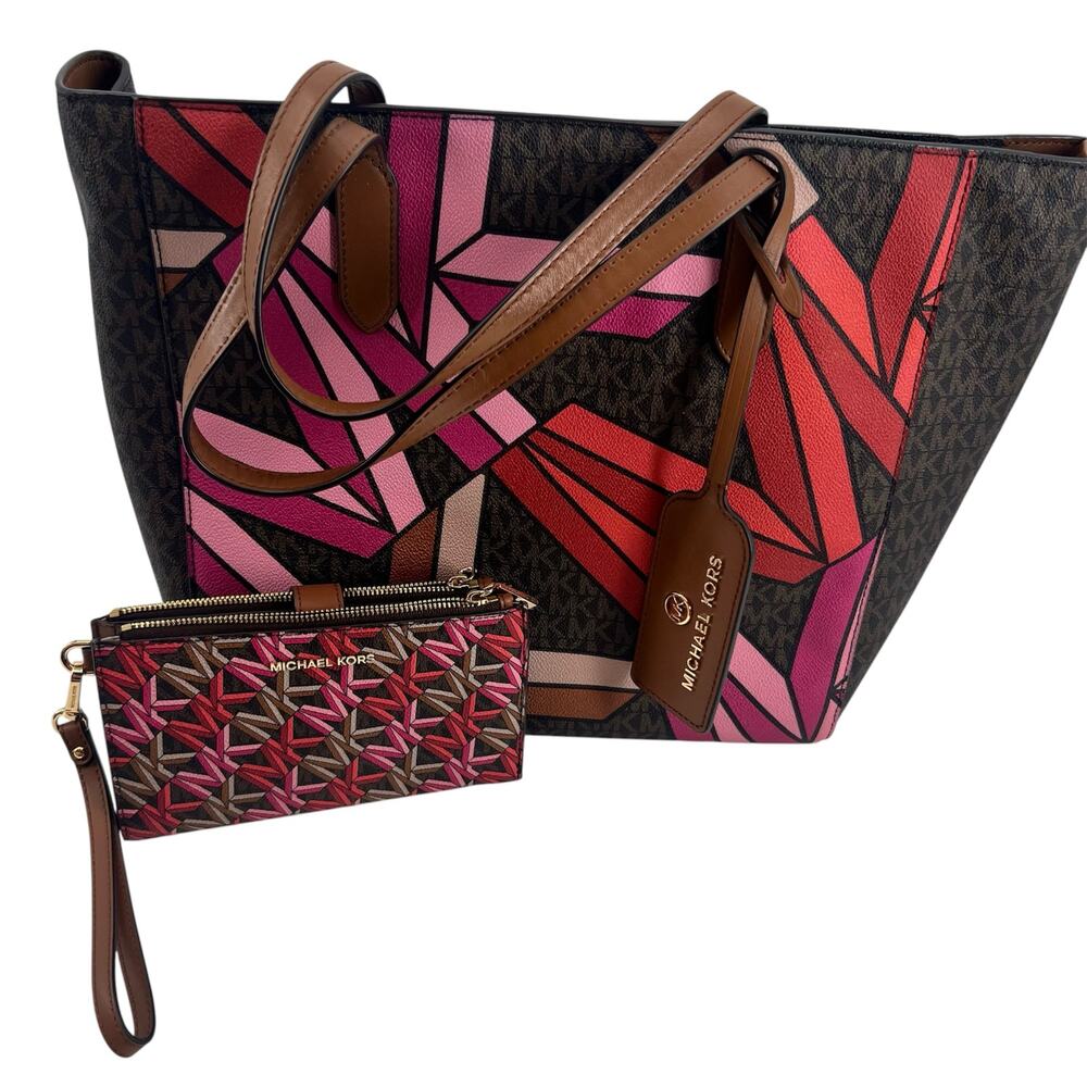 Michael Kors Sinclair Brown Multi Tote & matching Wallet limited edition pink - Picture 1 of 14